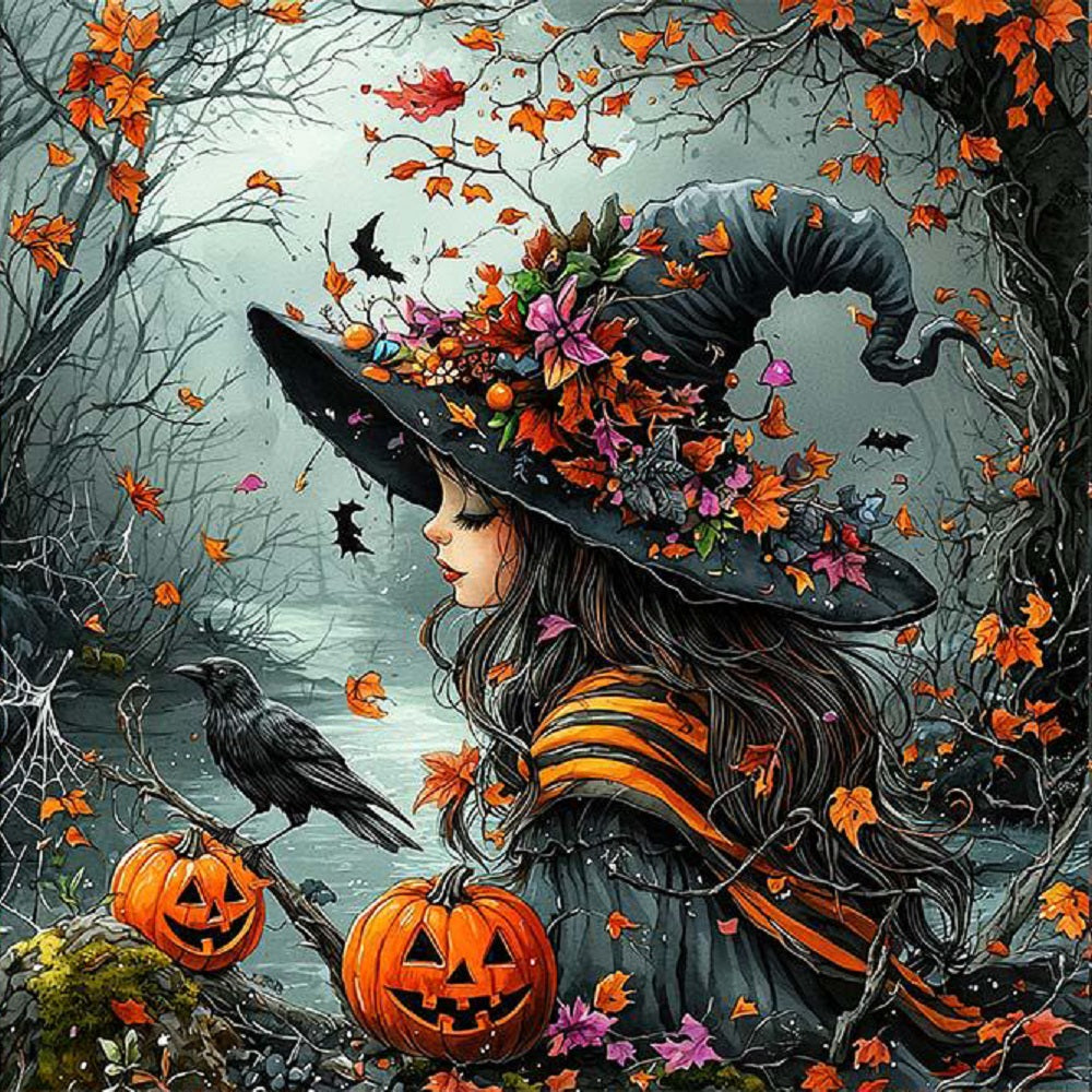 Halloween Witch Crow Pumpkin - Full Round Drill Diamond Painting 40*40CM