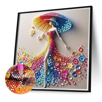 Girl Holding Colorful Umbrella - Special Shaped Drill Diamond Painting 40*40CM