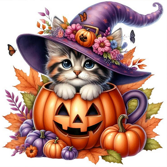 Halloween Pumpkin Kitten - Full Round Drill Diamond Painting 30*30CM