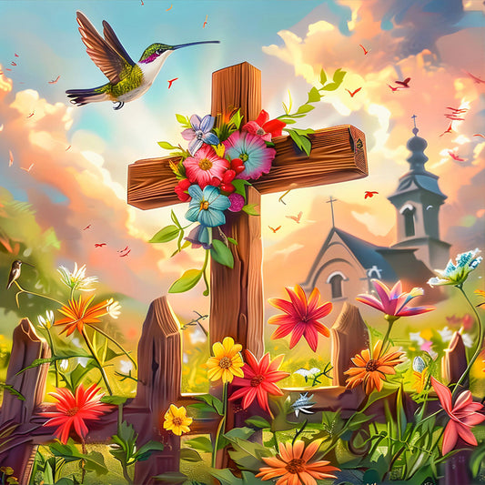 Flower Cross Hummingbird Church - Full Round Drill Diamond Painting 30*30CM