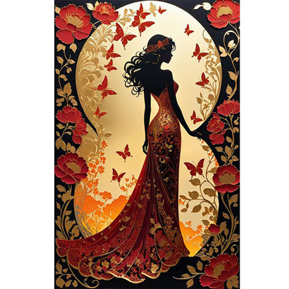 Silhouette Red Skirt Girl - Full Round Drill Diamond Painting 40*60CM