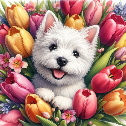 Tulip West Highland White Terrier - Full Round Drill Diamond Painting 30*30CM