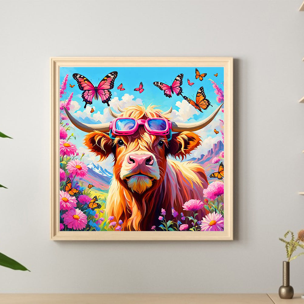 Butterfly Bush Highland Yak - Full Round Drill Diamond Painting 30*30CM