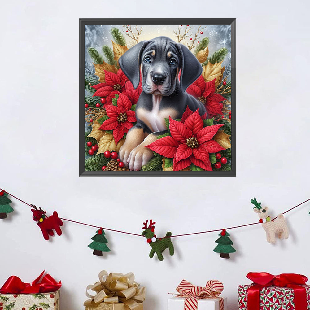 Christmas Poinsettia Dog - Full AB Square Drill Diamond Painting 40*40CM