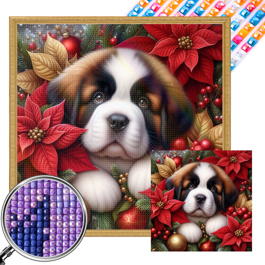 Christmas Poinsettia Dog - Full AB Square Drill Diamond Painting 40*40CM