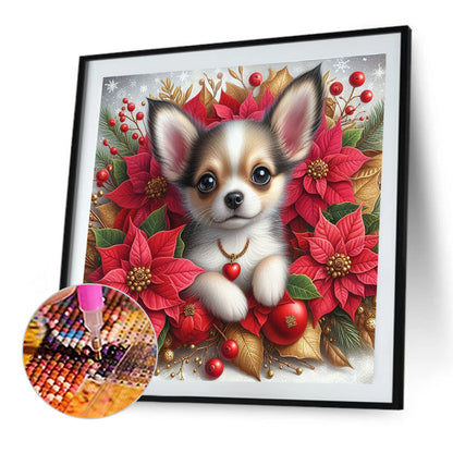 Christmas Poinsettia Dog - Full AB Square Drill Diamond Painting 40*40CM