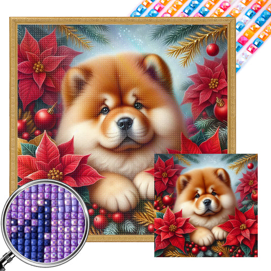 Christmas Poinsettia Dog - Full AB Square Drill Diamond Painting 40*40CM