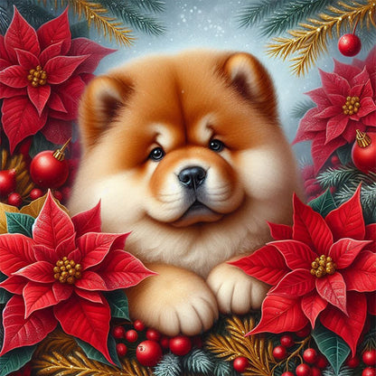 Christmas Poinsettia Dog - Full AB Square Drill Diamond Painting 40*40CM