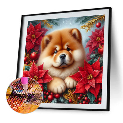 Christmas Poinsettia Dog - Full AB Square Drill Diamond Painting 40*40CM