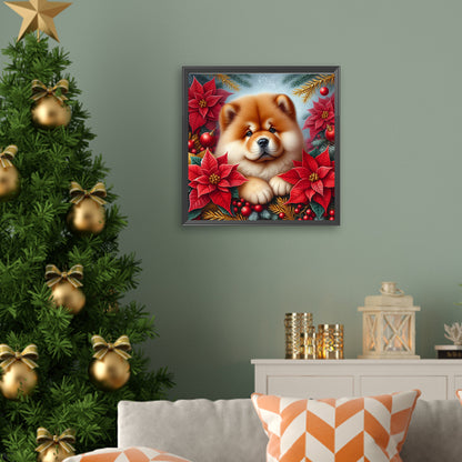 Christmas Poinsettia Dog - Full AB Square Drill Diamond Painting 40*40CM