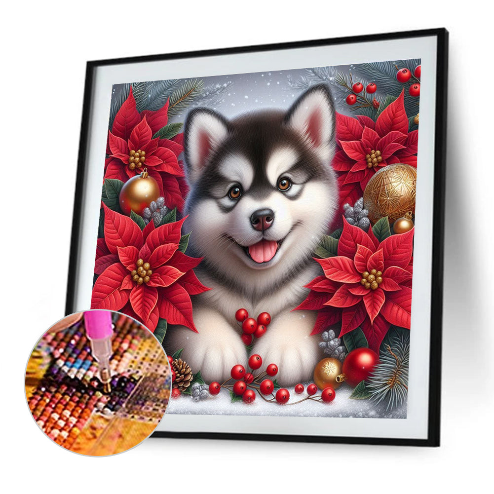 Christmas Poinsettia Dog - Full AB Square Drill Diamond Painting 40*40CM