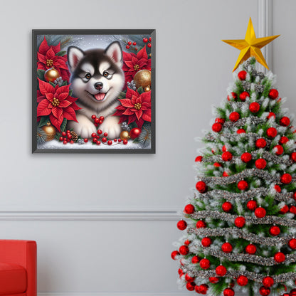 Christmas Poinsettia Dog - Full AB Square Drill Diamond Painting 40*40CM