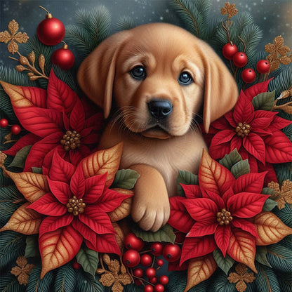 Christmas Poinsettia Dog - Full AB Square Drill Diamond Painting 40*40CM