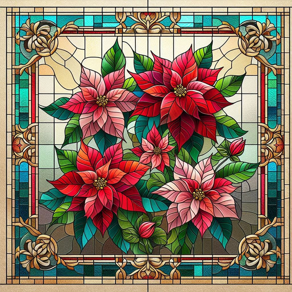 Glass Painting Poinsettia - Full AB Square Drill Diamond Painting 40*40CM