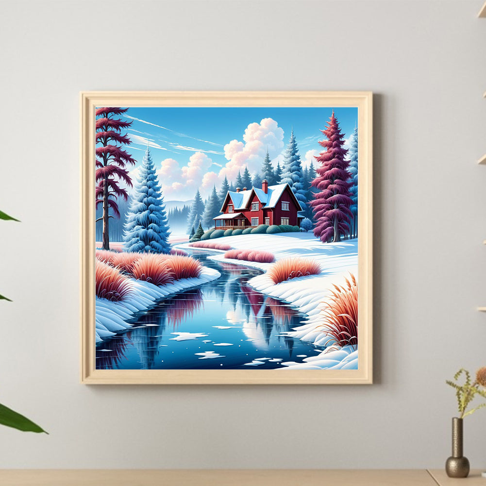 Small House In The Snow By The River - Full Round Drill Diamond Painting 30*30CM