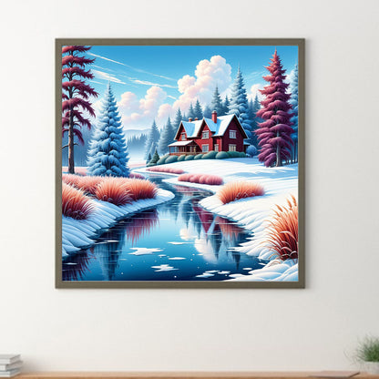 Small House In The Snow By The River - Full Round Drill Diamond Painting 30*30CM