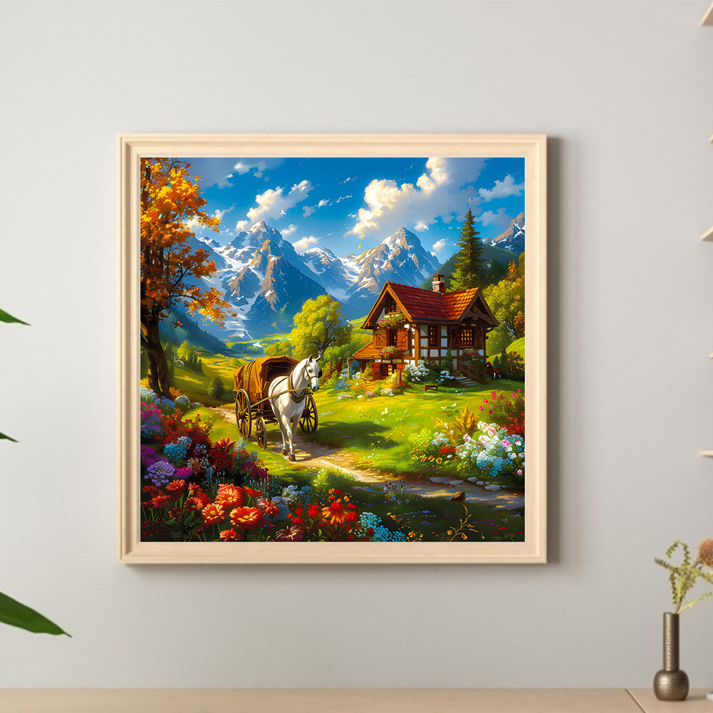 Snow Melting Mountain White Horse House Flowers - Full Round Drill Diamond Painting 30*30CM