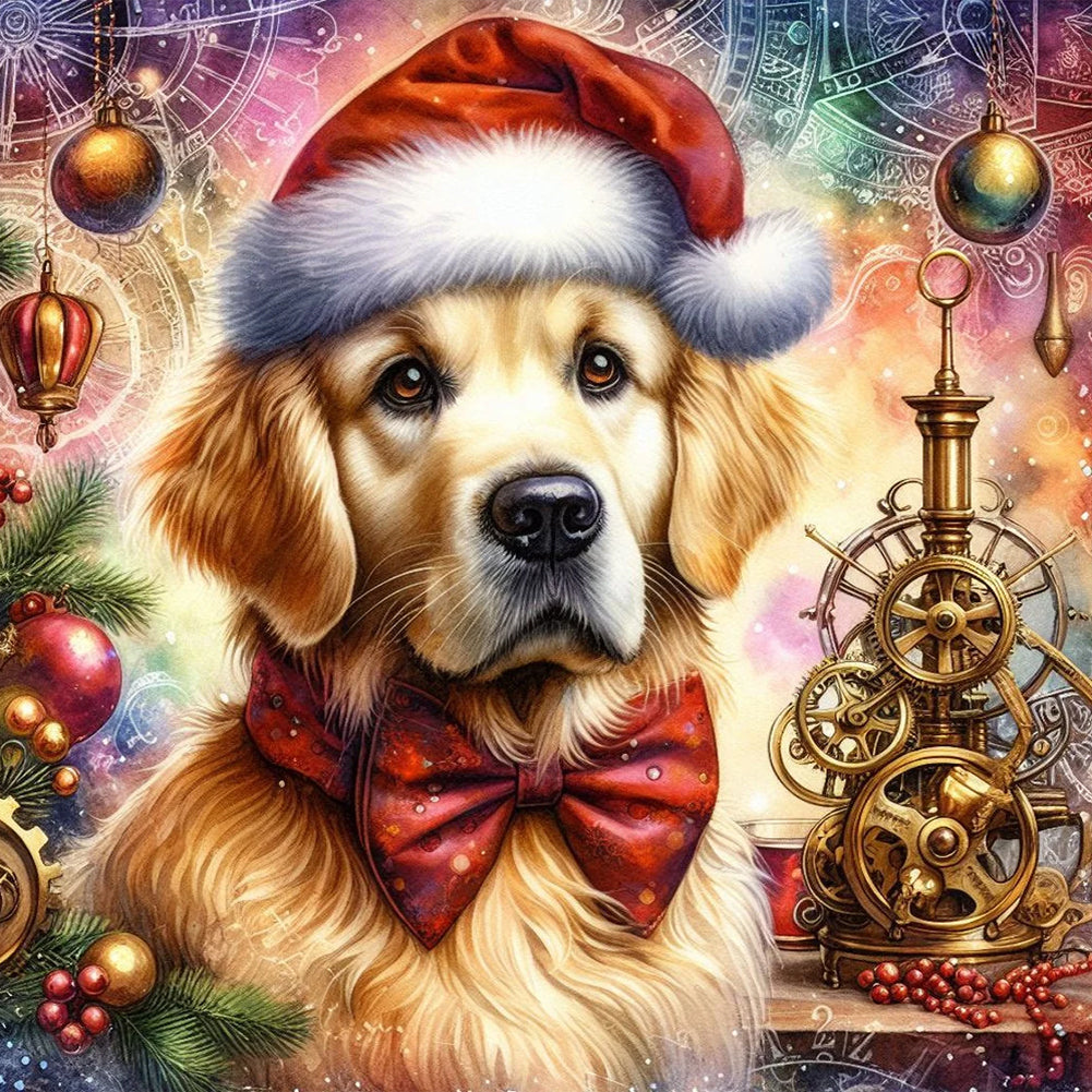 Golden Retriever With Santa Hat - Full Round Drill Diamond Painting 30*30CM