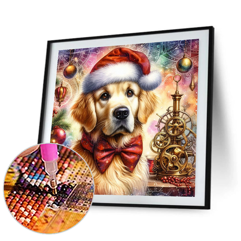 Golden Retriever With Santa Hat - Full Round Drill Diamond Painting 30*30CM