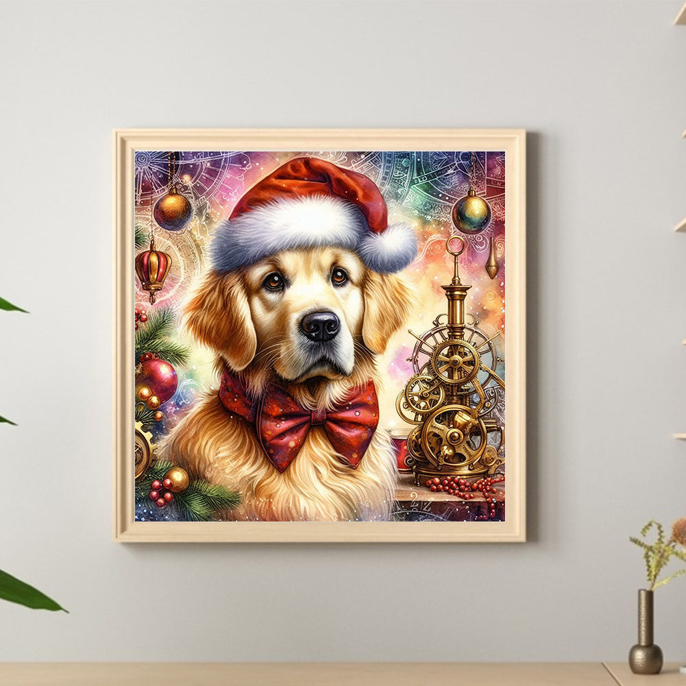 Golden Retriever With Santa Hat - Full Round Drill Diamond Painting 30*30CM