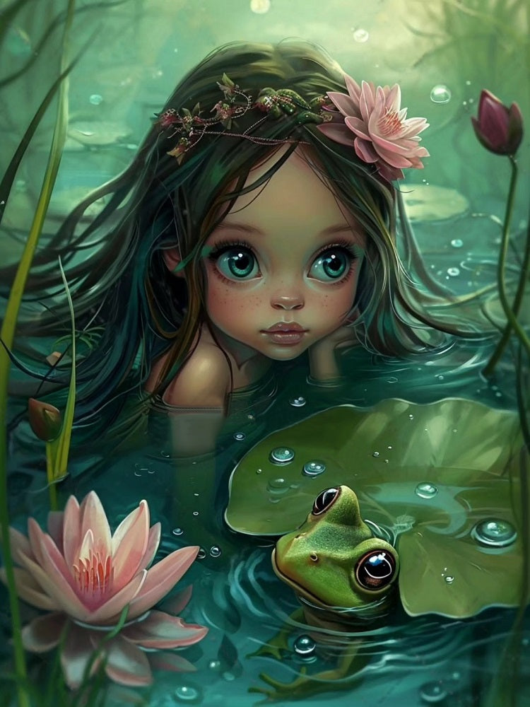 Frog Lotus Leaf Girl - Full Round Drill Diamond Painting 40*50CM