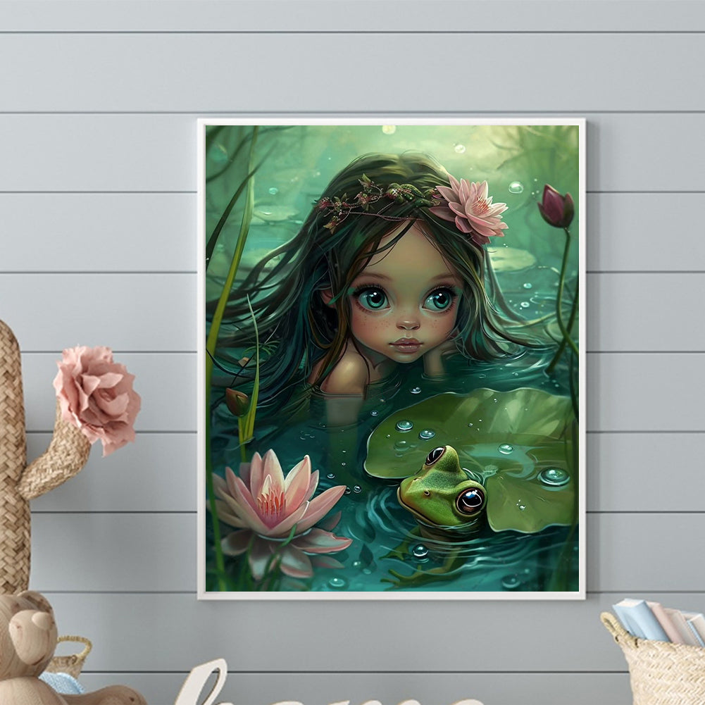 Frog Lotus Leaf Girl - Full Round Drill Diamond Painting 40*50CM