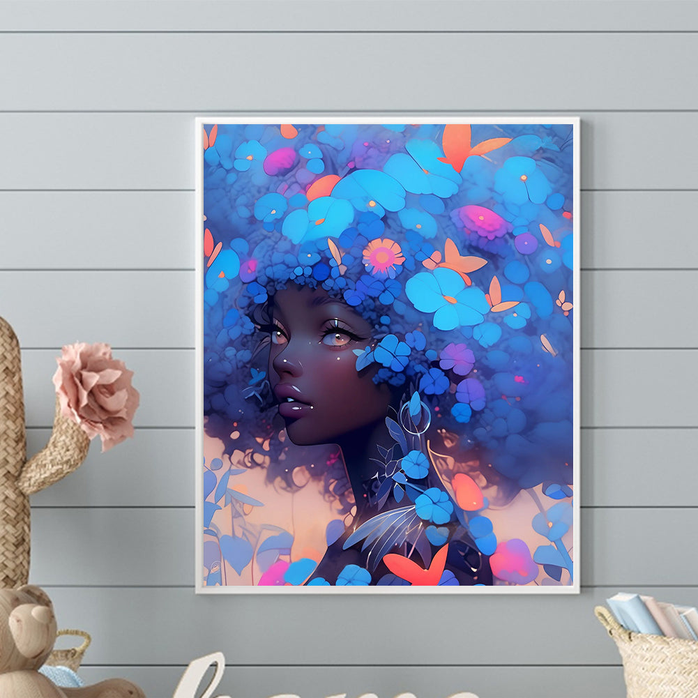 Butterfly Blue Flower Girl - Full Round Drill Diamond Painting 40*50CM