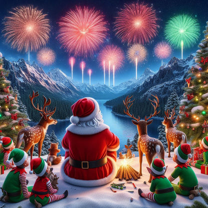 Santa Claus And Elk Watching Fireworks - Full Round Drill Diamond Painting 40*40CM