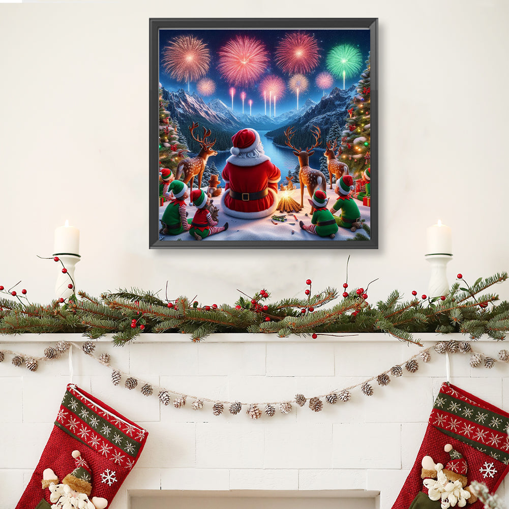 Santa Claus And Elk Watching Fireworks - Full Round Drill Diamond Painting 40*40CM