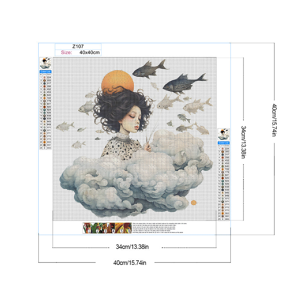 Cartoon Girl And Cloud - Full Round Drill Diamond Painting 40*40CM