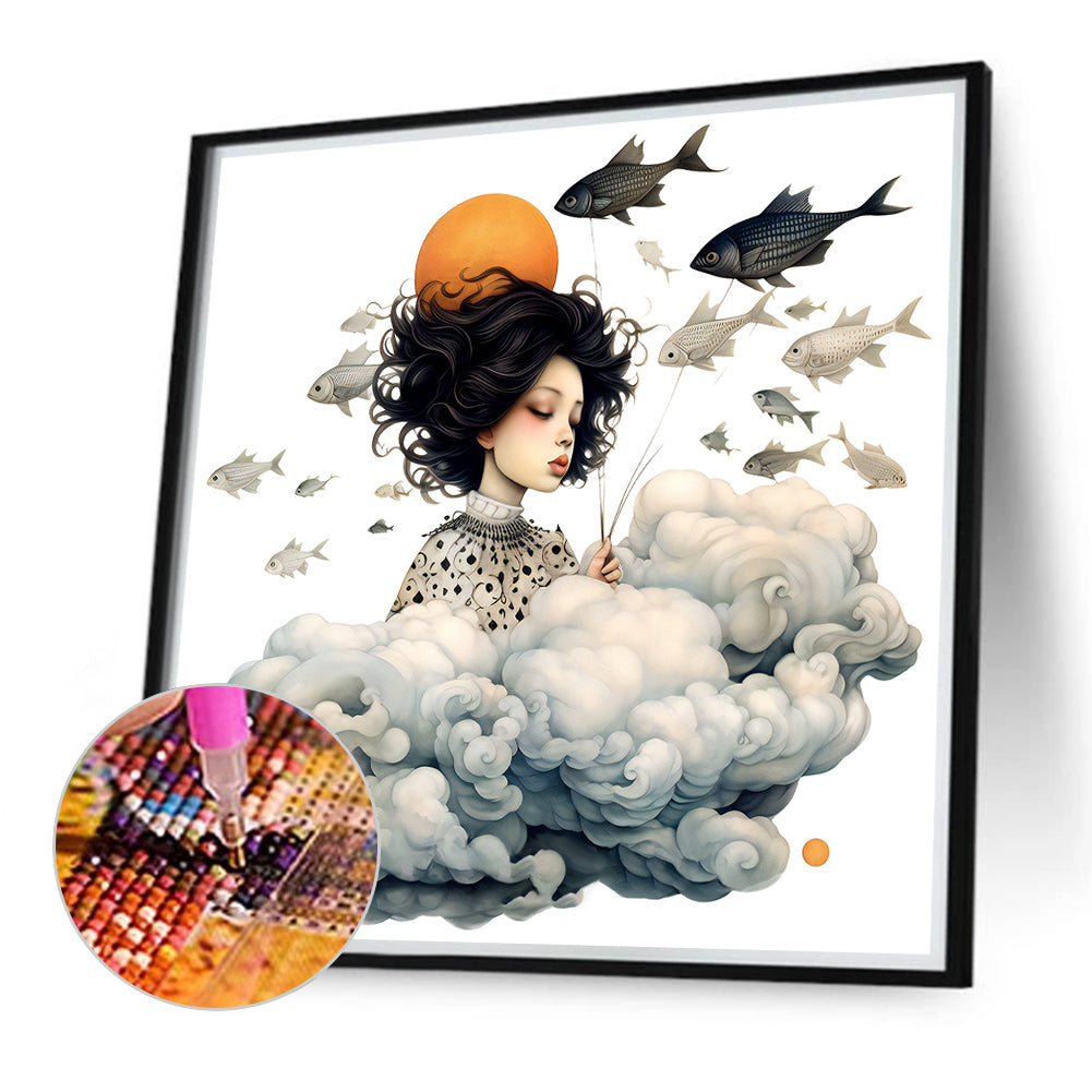 Cartoon Girl And Cloud - Full Round Drill Diamond Painting 40*40CM