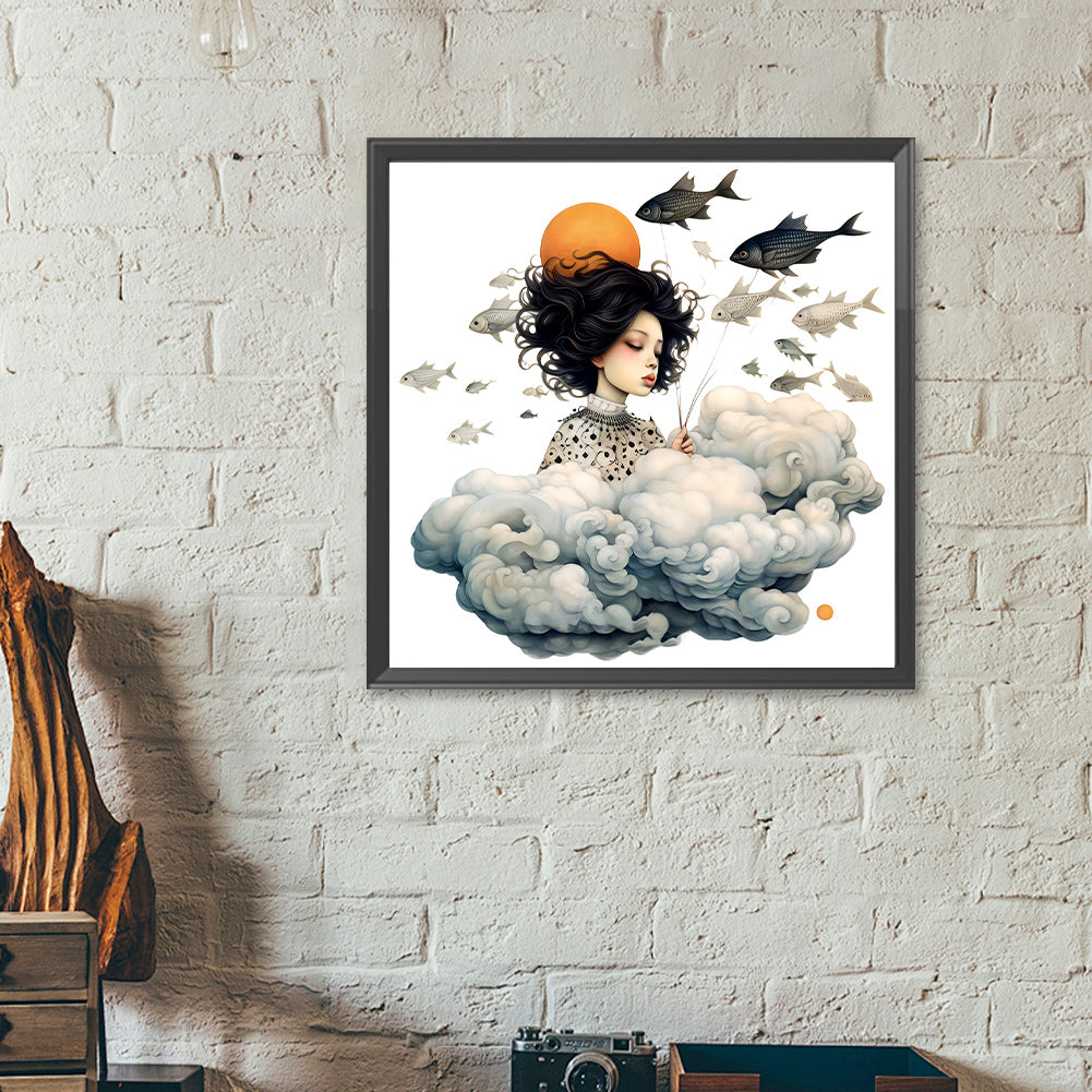 Cartoon Girl And Cloud - Full Round Drill Diamond Painting 40*40CM