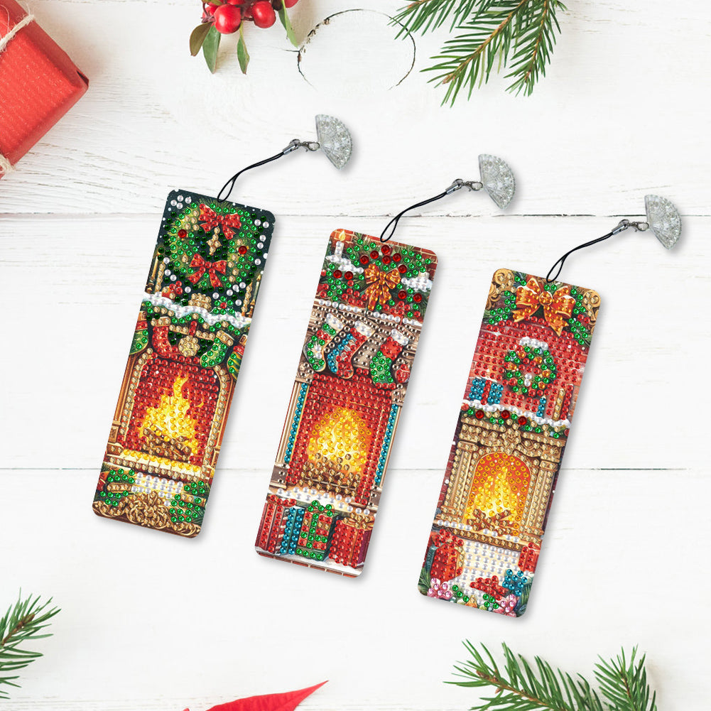 3Pcs Special Shape Christmas Fireplace Diamond Painting Bookmark for Bookworms