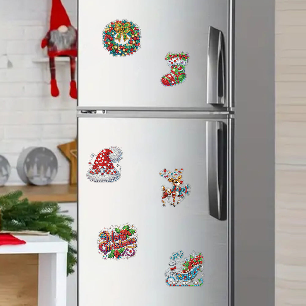 6Pcs Acrylic Merry Christmas Fridge Stickers Diamond Art Magnets Decals