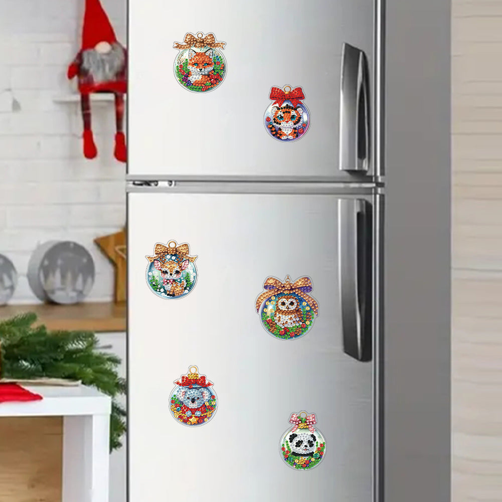 6Pcs Acrylic Christmas Animals Fridge Stickers Diamond Art Magnets Decals