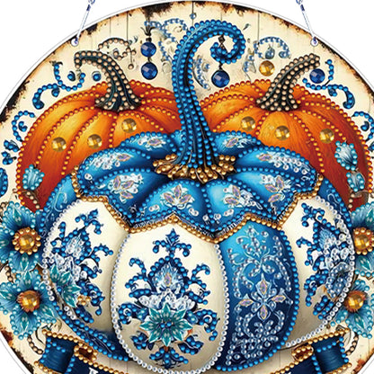 Thanksgiving Diamond Painting Hanging Pendant for Window Decor (Blue Pumpkin)