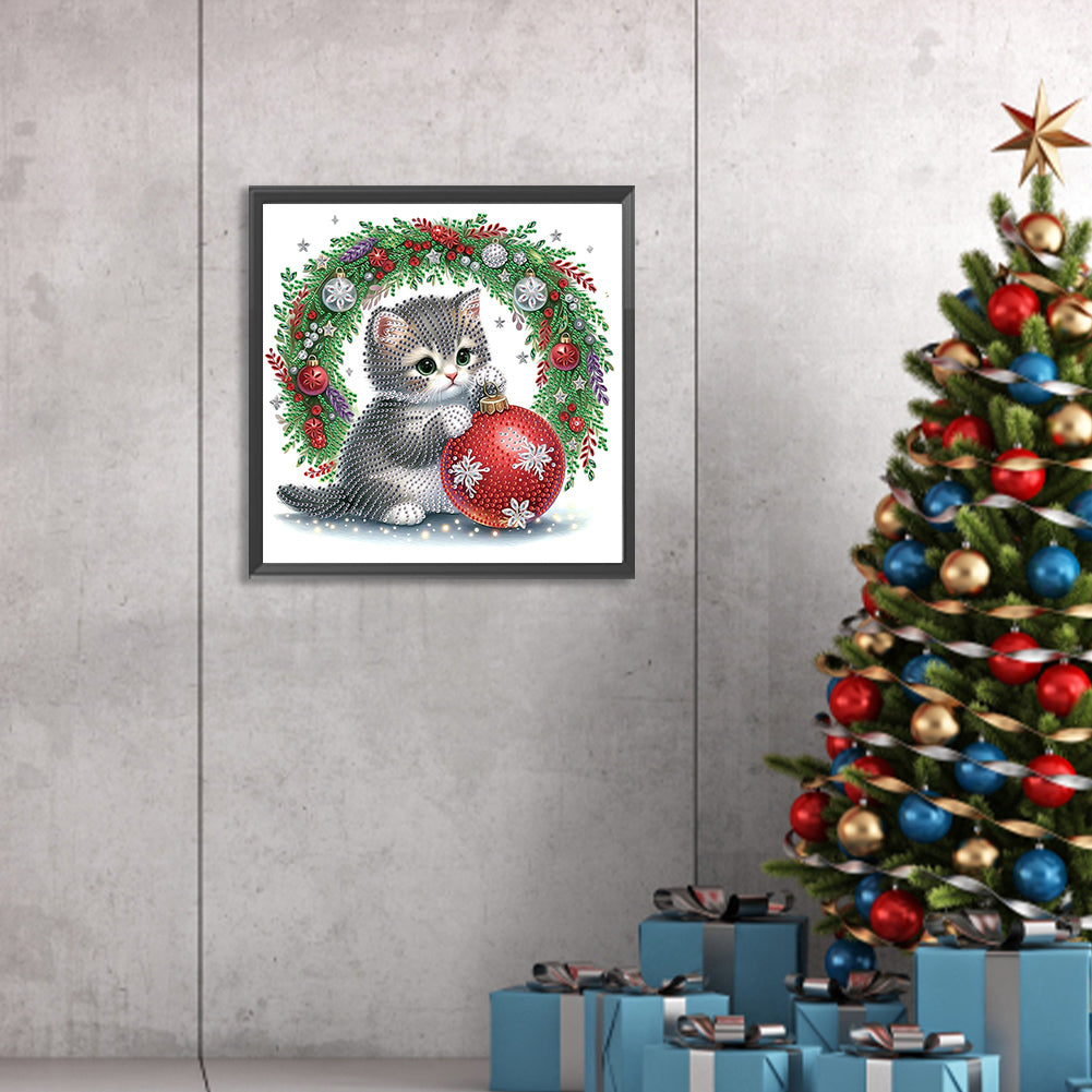 Cute Christmas Cat - Partial Special-Shaped Drill Diamond Painting 30*30CM