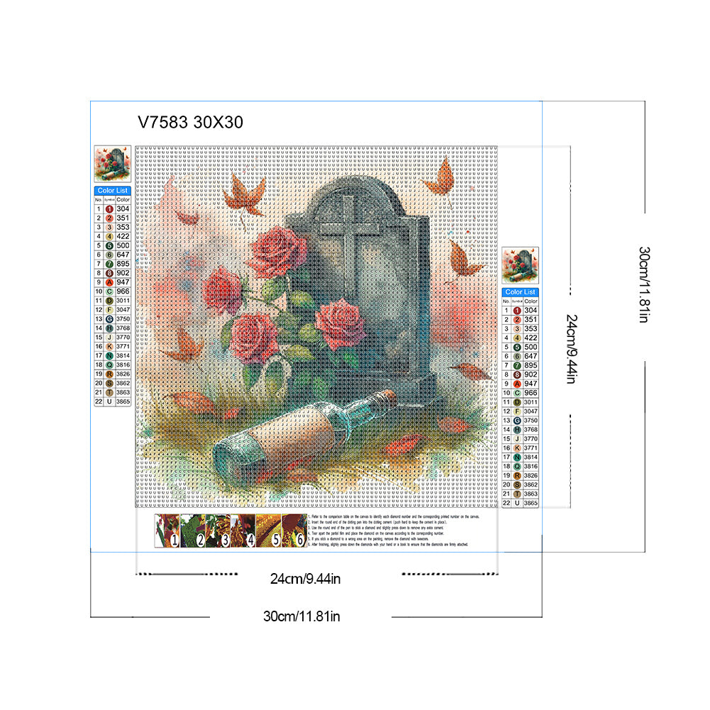 Red Roses On The Grave - Full Round Drill Diamond Painting 30*30CM