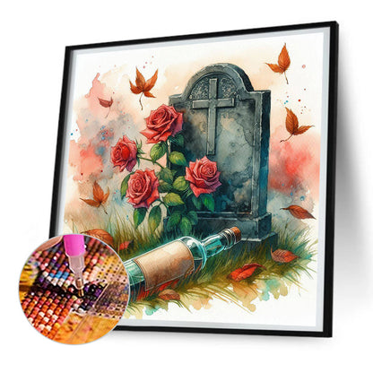 Red Roses On The Grave - Full Round Drill Diamond Painting 30*30CM