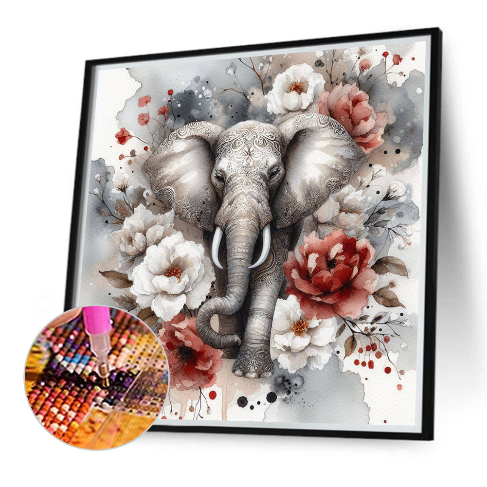 Red And White Peony Elephant - Full Round Drill Diamond Painting 40*40CM