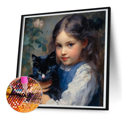 Oil Painting Girl Black Cat - Full Round Drill Diamond Painting 30*30CM
