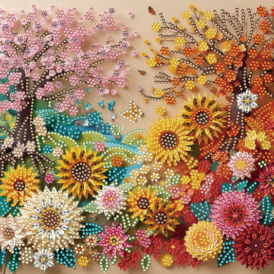 Paper-Cut Style Spring And Autumn Flowers - Partial Special-Shaped Drill Diamond Painting 30*30CM