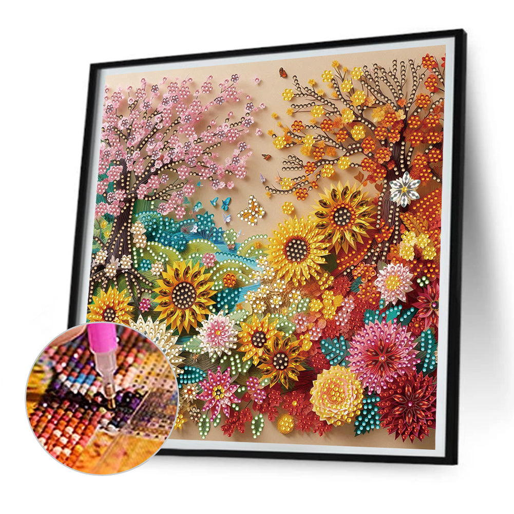 Paper-Cut Style Spring And Autumn Flowers - Partial Special-Shaped Drill Diamond Painting 30*30CM