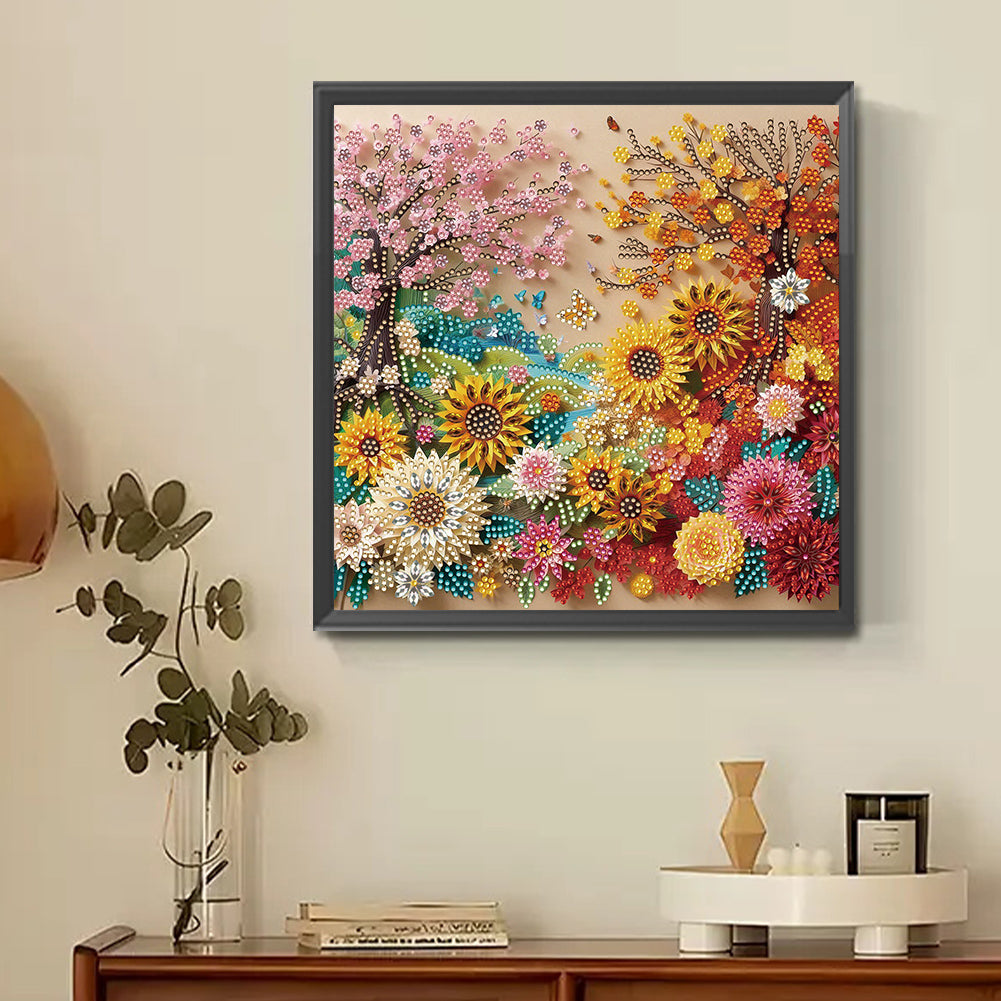 Paper-Cut Style Spring And Autumn Flowers - Partial Special-Shaped Drill Diamond Painting 30*30CM