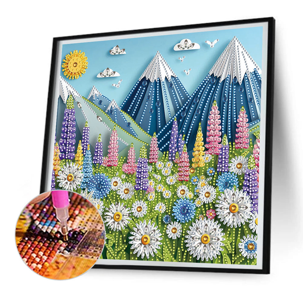 Paper Cut Wind Daisy Snow Mountain - Partial Special-Shaped Drill Diamond Painting 30*30CM