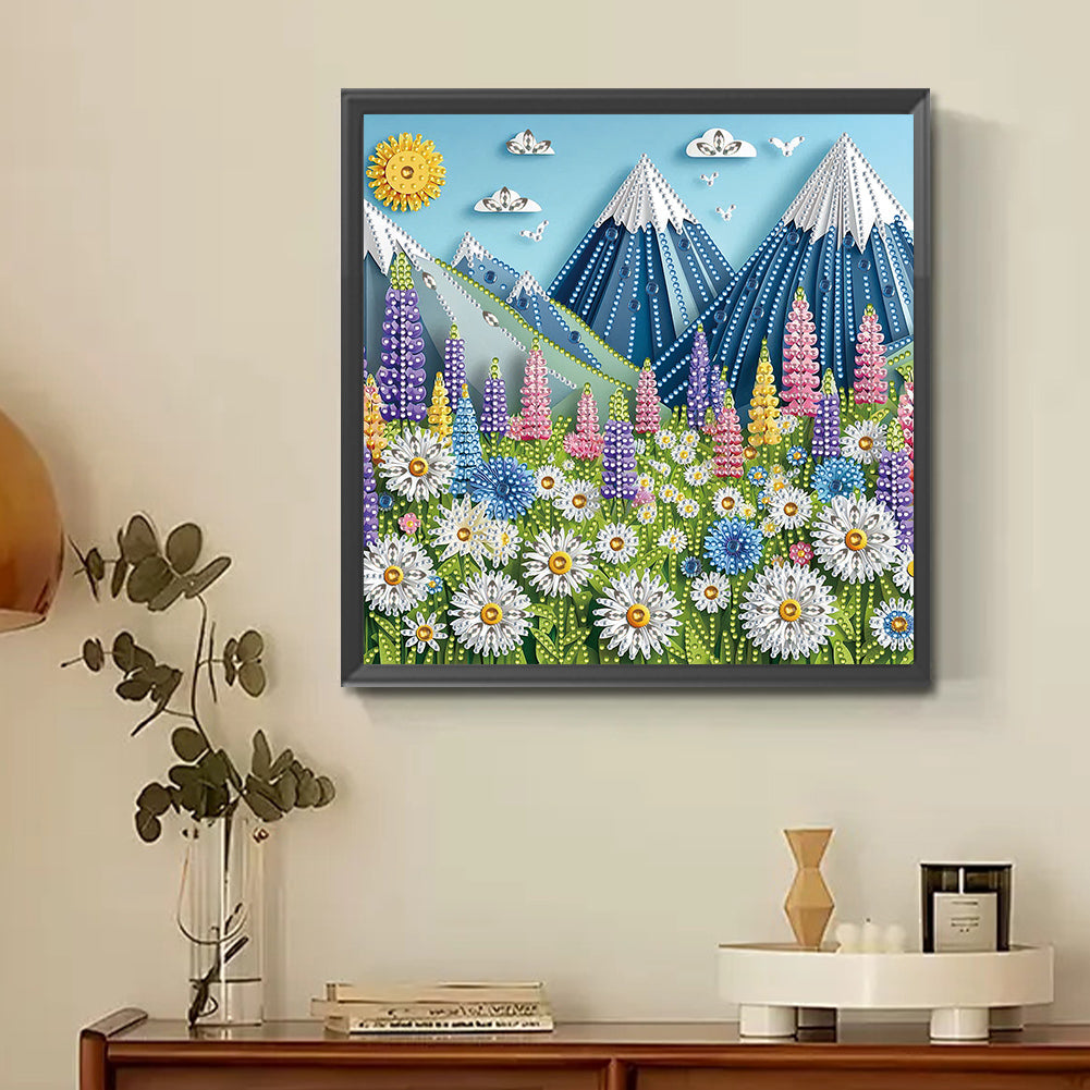 Paper Cut Wind Daisy Snow Mountain - Partial Special-Shaped Drill Diamond Painting 30*30CM