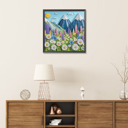 Paper Cut Wind Daisy Snow Mountain - Partial Special-Shaped Drill Diamond Painting 30*30CM