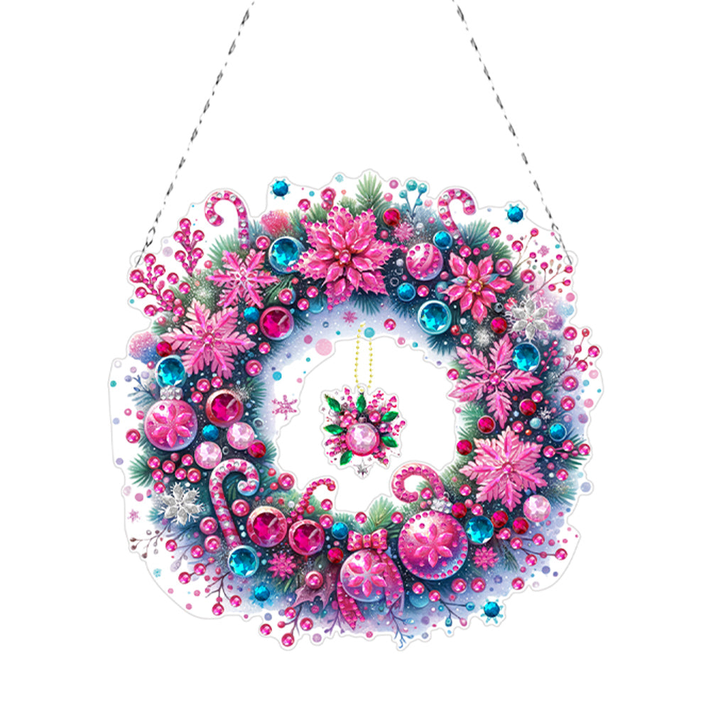 Acrylic Christmas Wreath Diamond Art Hanging Pendant Christmas Decor (Pink)