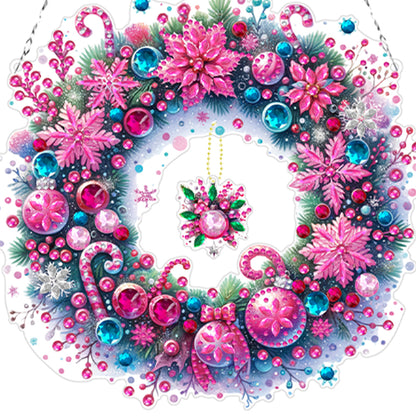 Acrylic Christmas Wreath Diamond Art Hanging Pendant Christmas Decor (Pink)