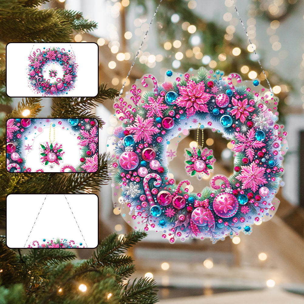 Acrylic Christmas Wreath Diamond Art Hanging Pendant Christmas Decor (Pink)